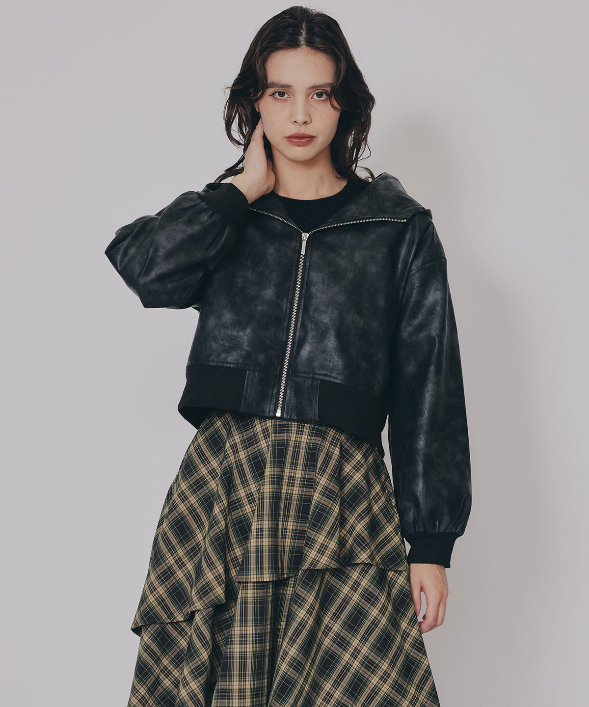 ヴィンテージライクレザーフーディブルゾン