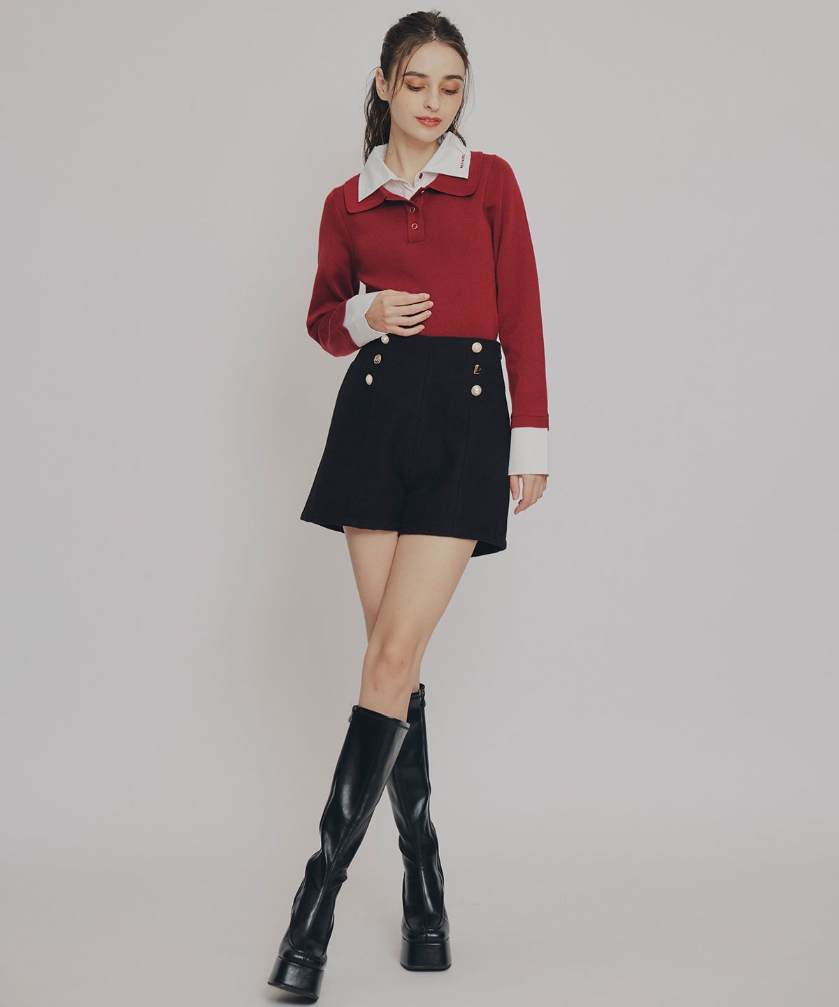 ダブルカラーポロニットトップス