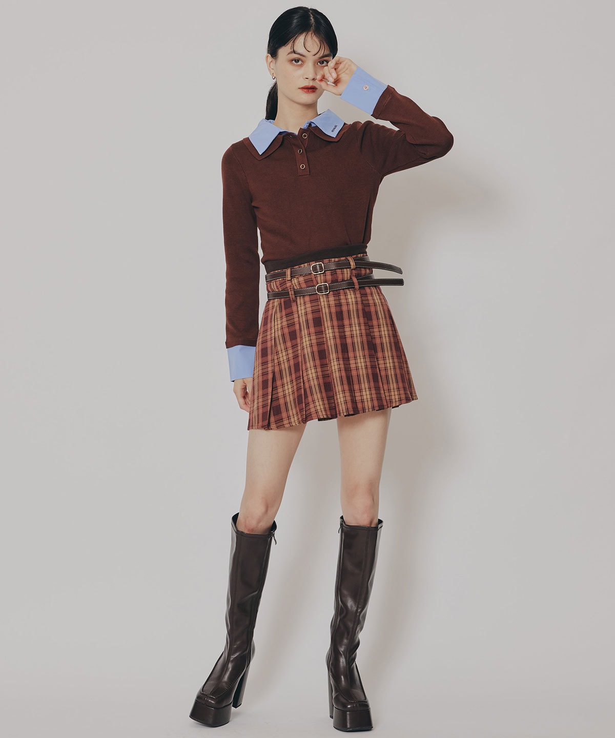 ダブルカラーポロニットトップス