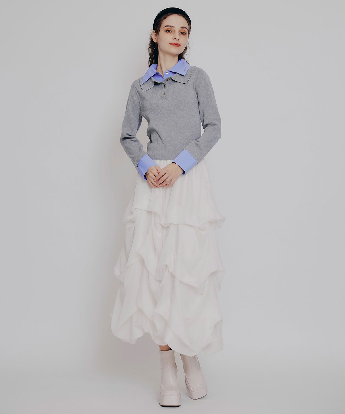 ダブルカラーポロニットトップス