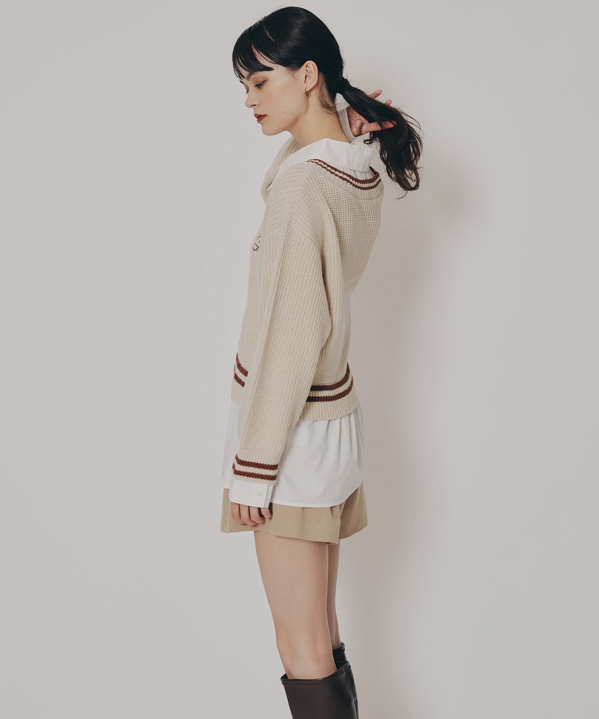 レイヤードシャツドッキングニットプルオーバー