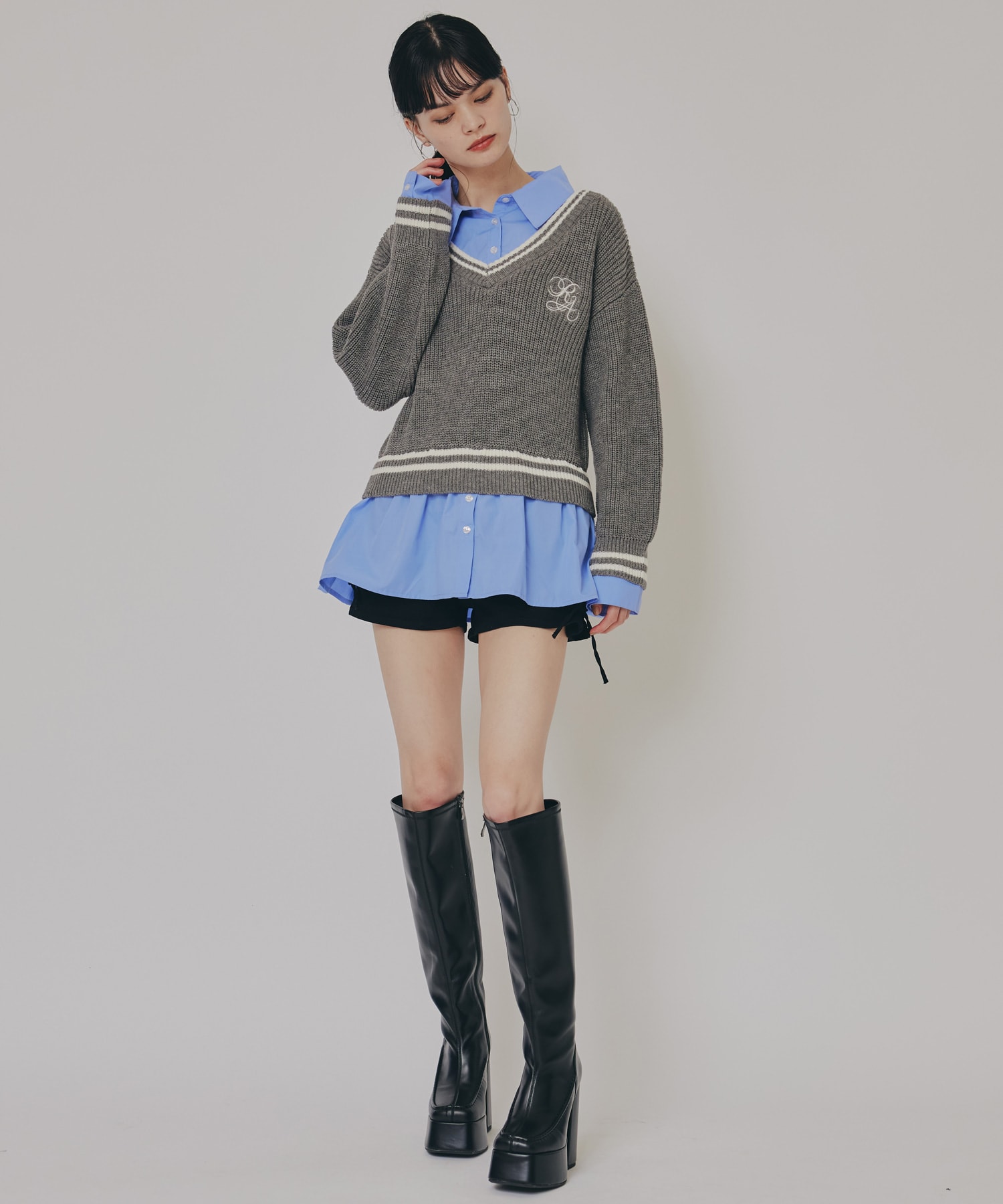 レイヤードシャツドッキングニットプルオーバー