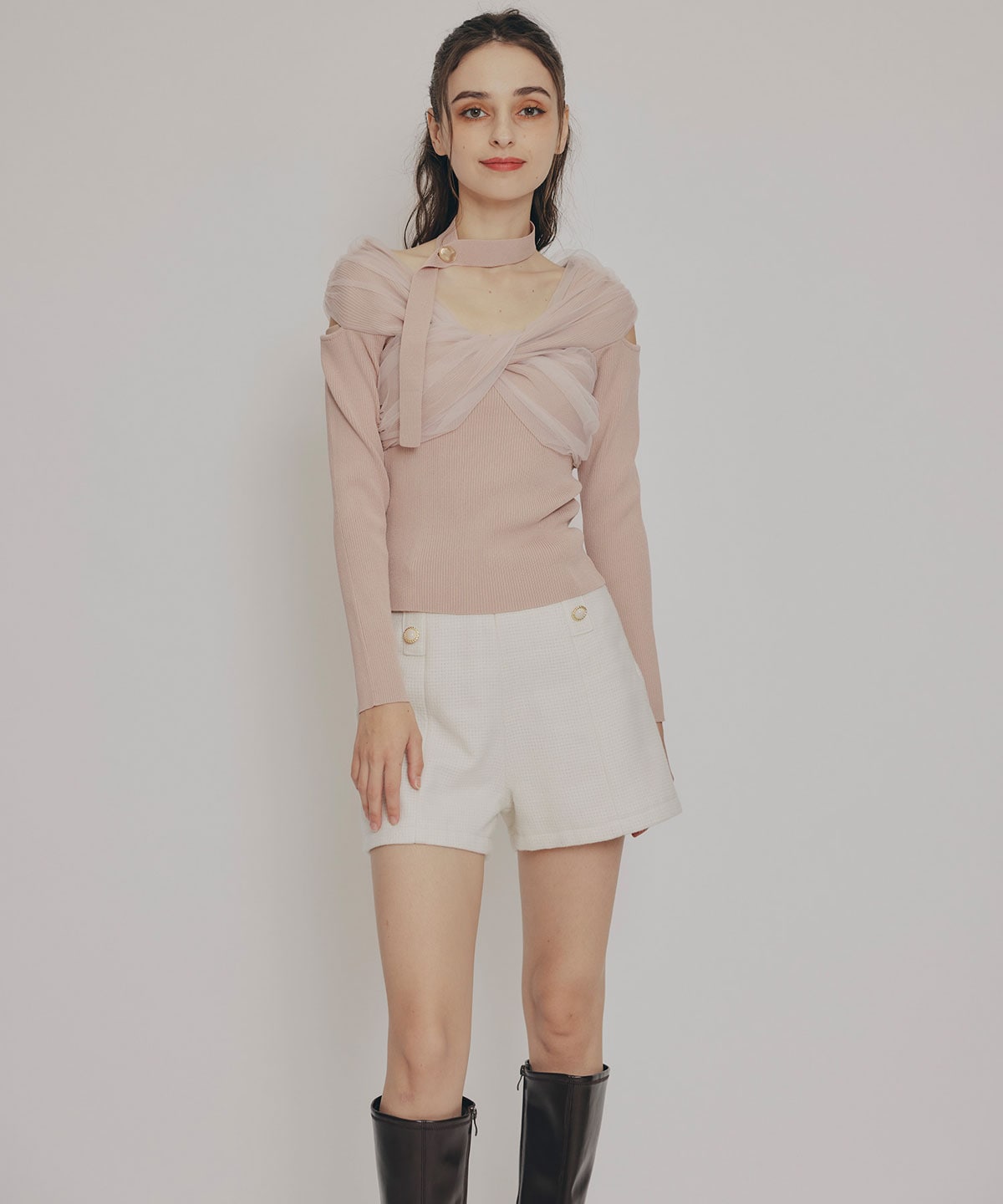 チョーカークロスチュールニットトップス