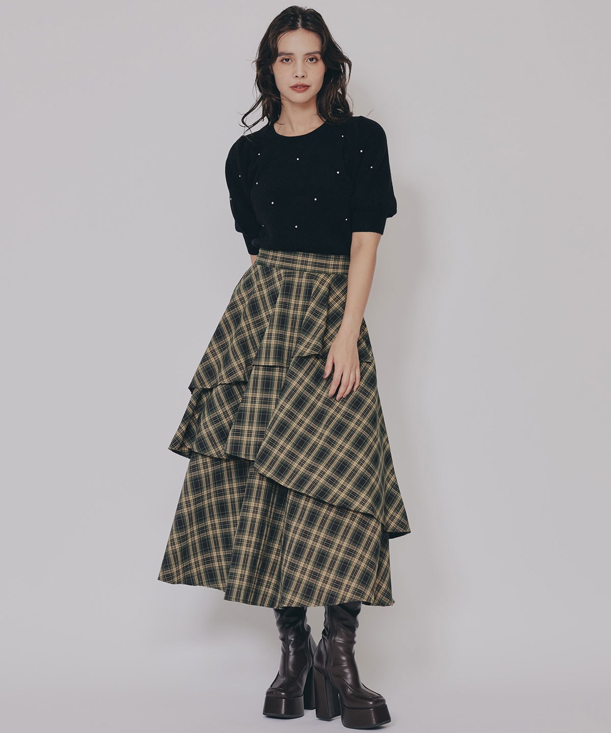 ビジューパフスリーブニットトップス