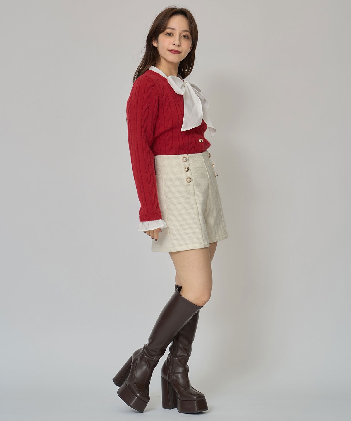 ボウタイケーブルニットプルオーバー