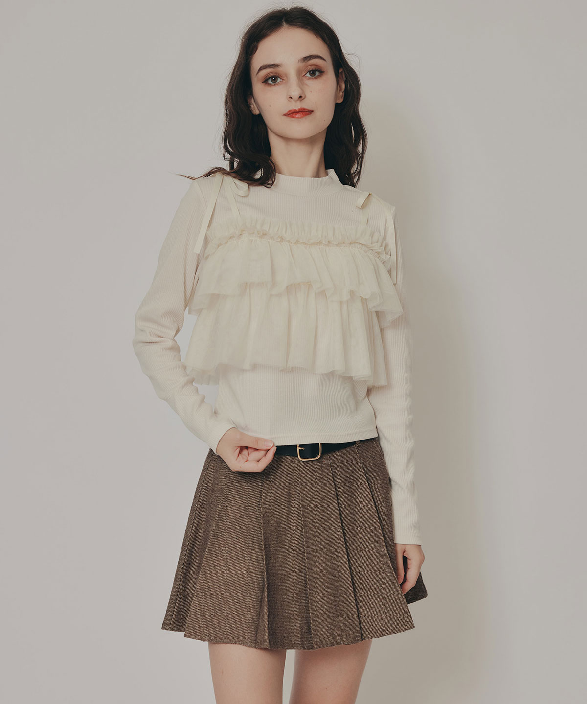 リボンチュールフリルビスチェニットトップス