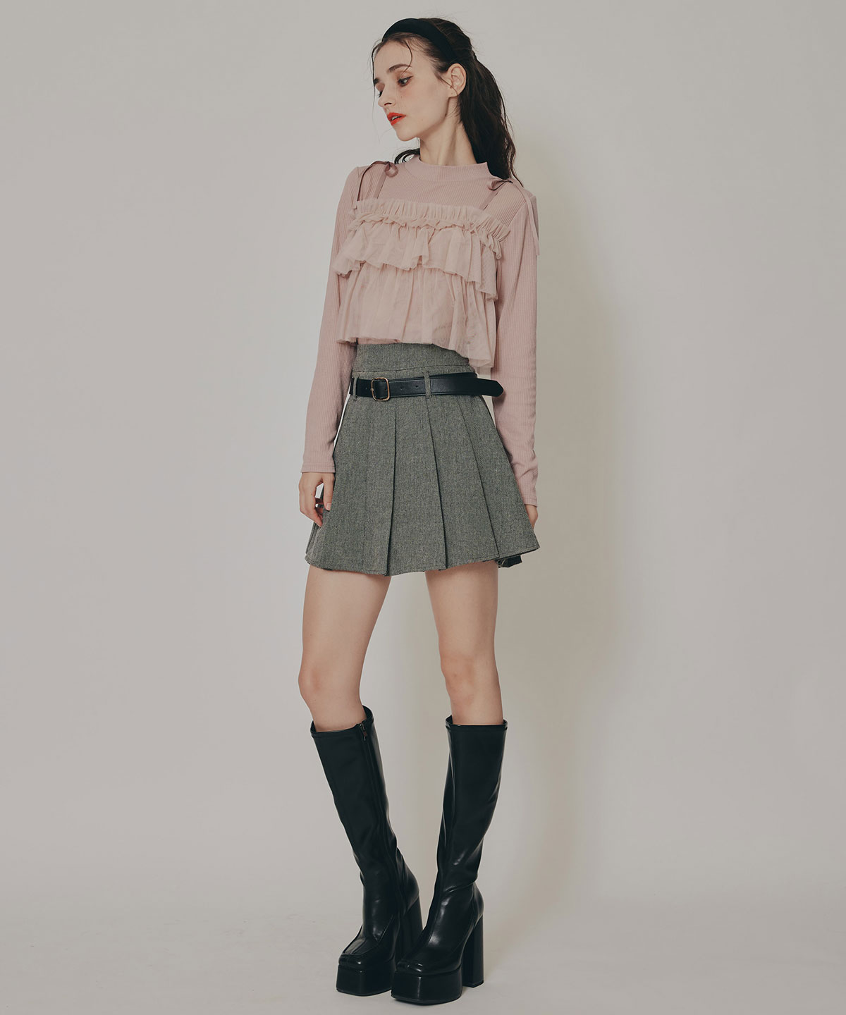 リボンチュールフリルビスチェニットトップス