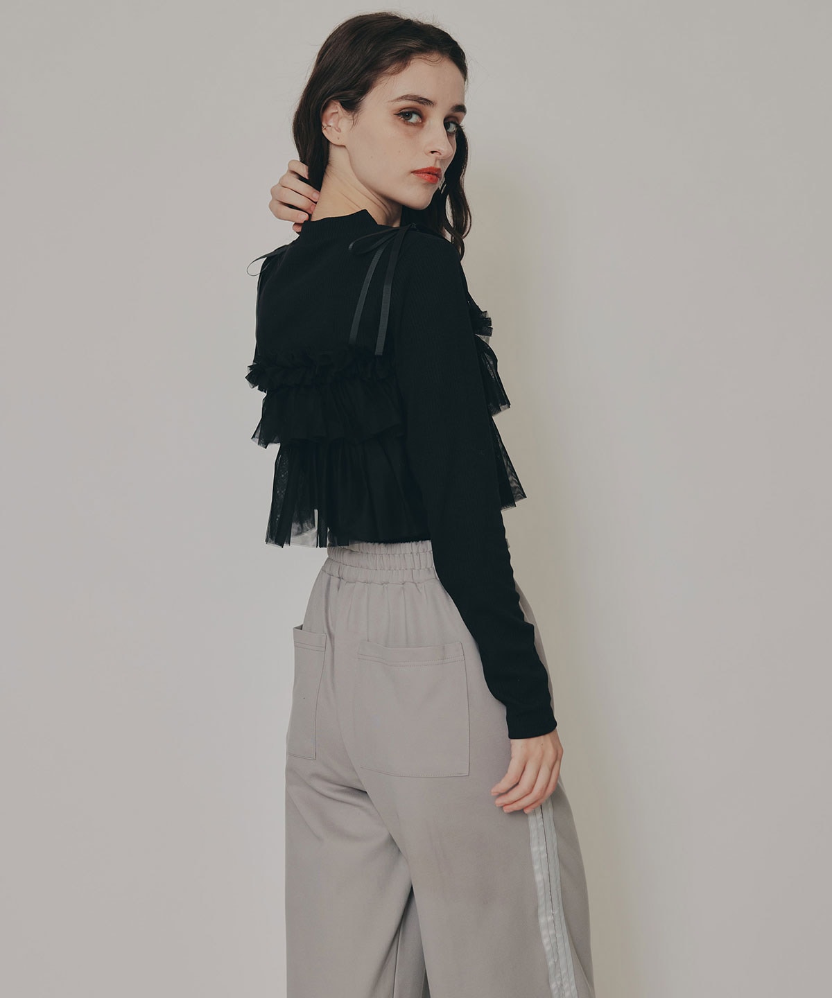 リボンチュールフリルビスチェニットトップス