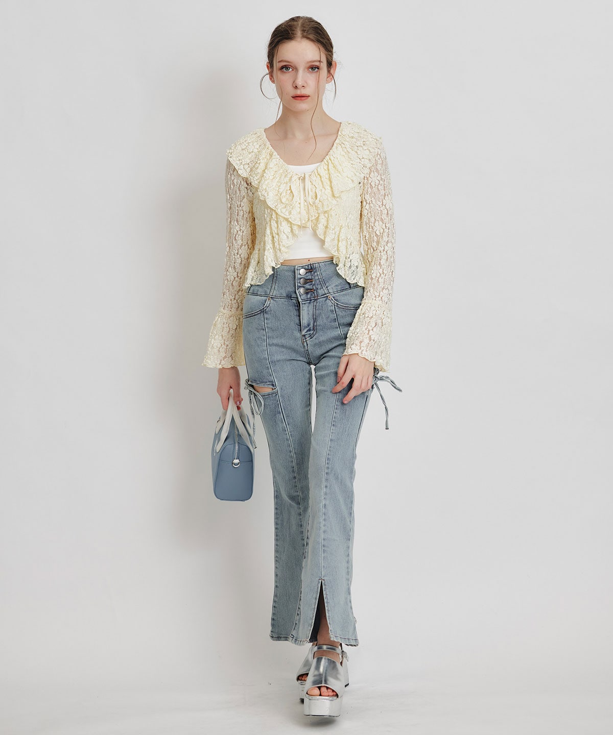 レースフリルカラーショートカーディガン