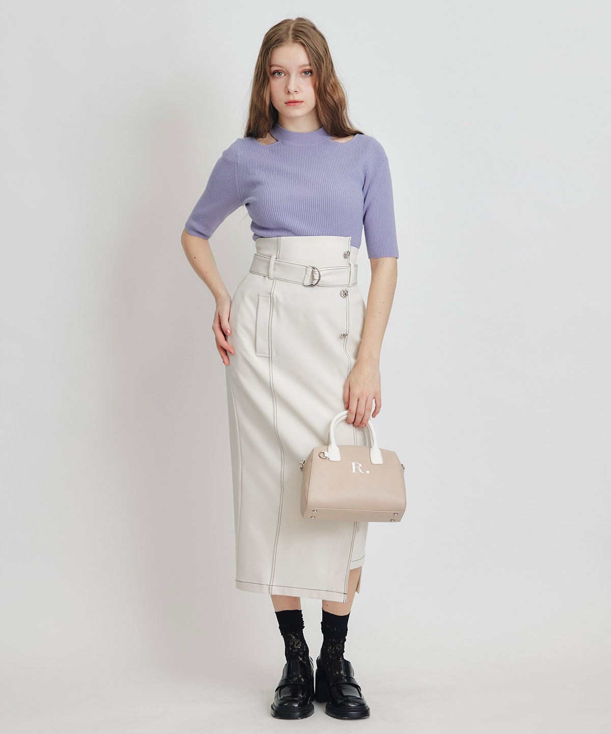 バイカラーステッチカッティングハイウエストタイトロングスカート