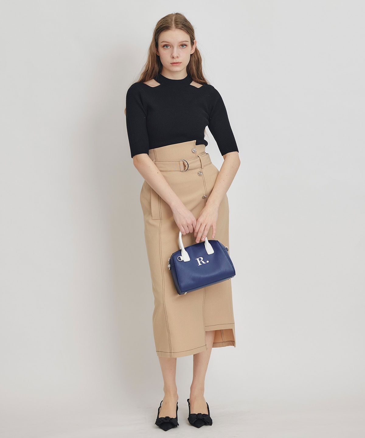 バイカラーステッチカッティングハイウエストタイトロングスカート