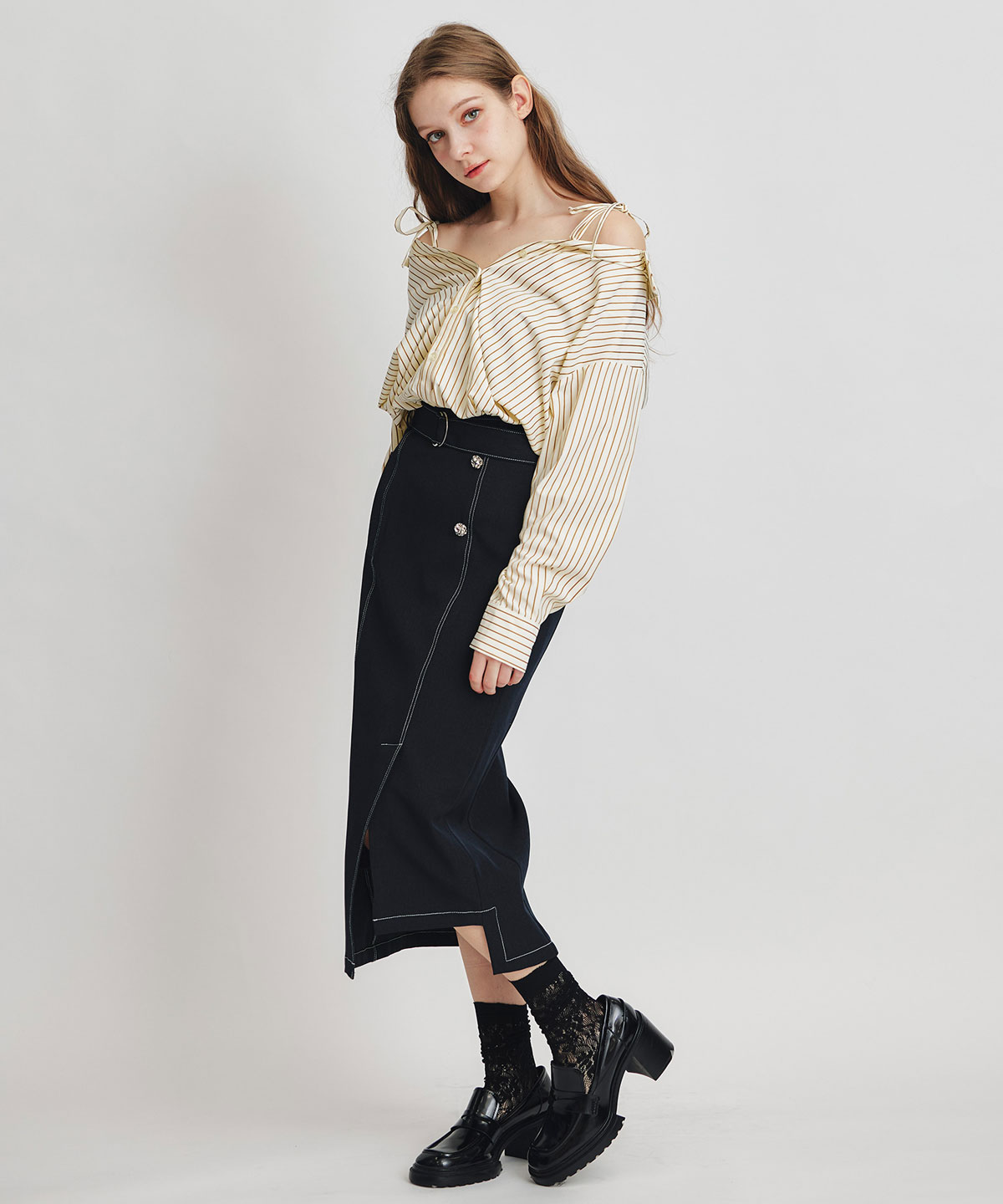 バイカラーステッチカッティングハイウエストタイトロングスカート