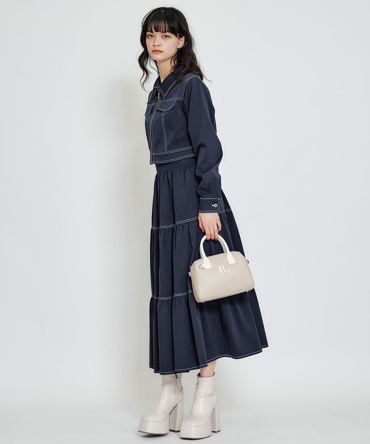 【セットアップ可能】バイカラーステッチティアードロングスカート