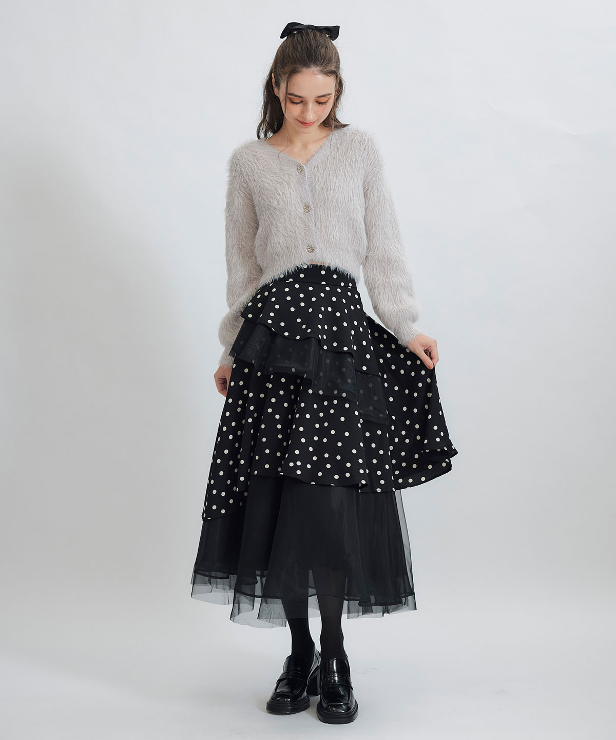 ドットチュールティアードロングスカート