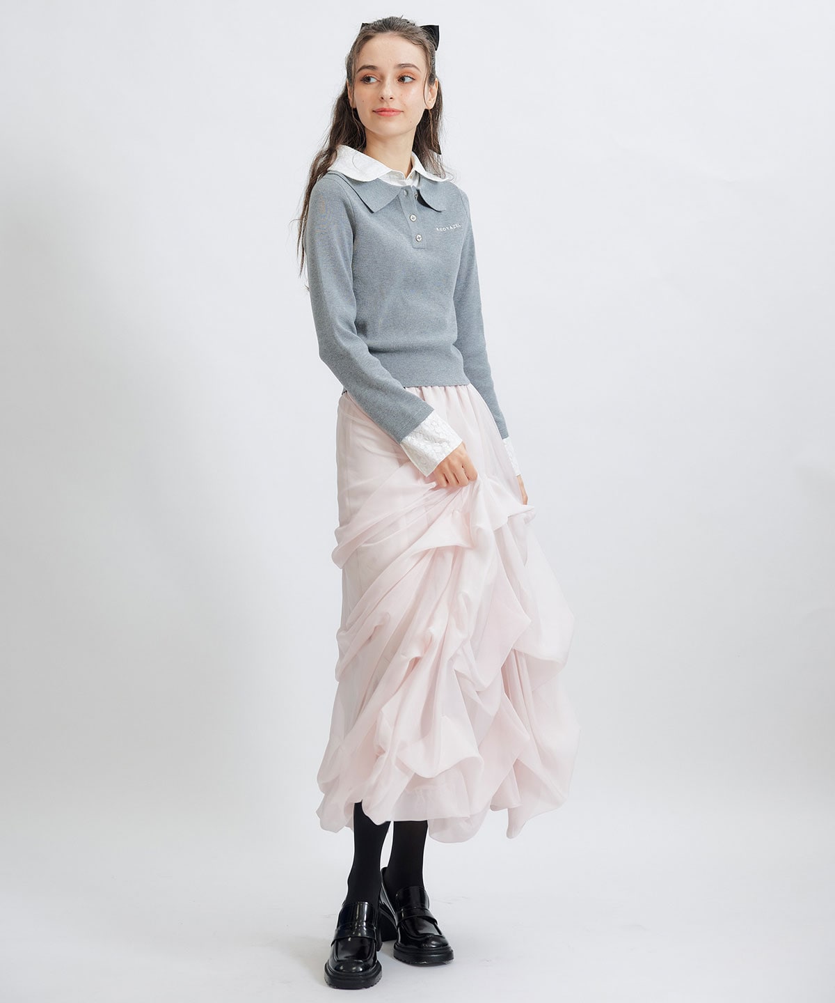 タックバルーンボリュームシフォンロングスカート