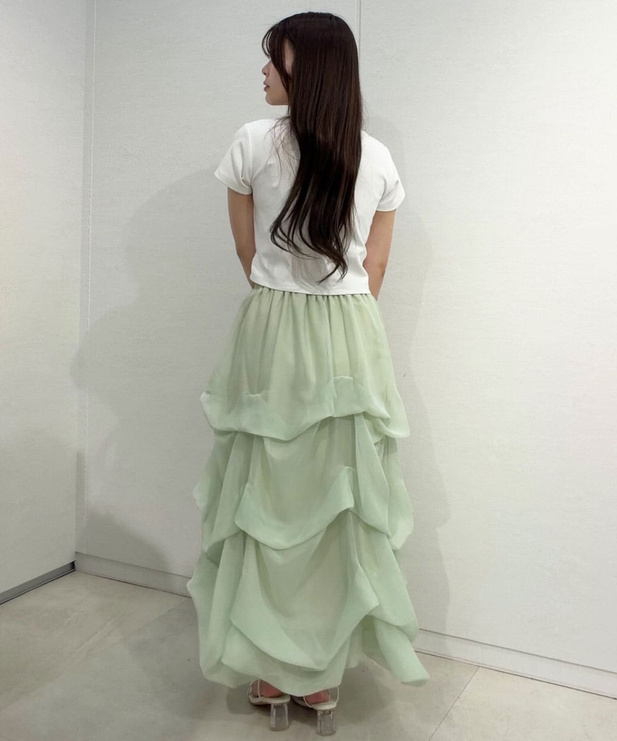 タックバルーンボリュームシフォンロングスカート