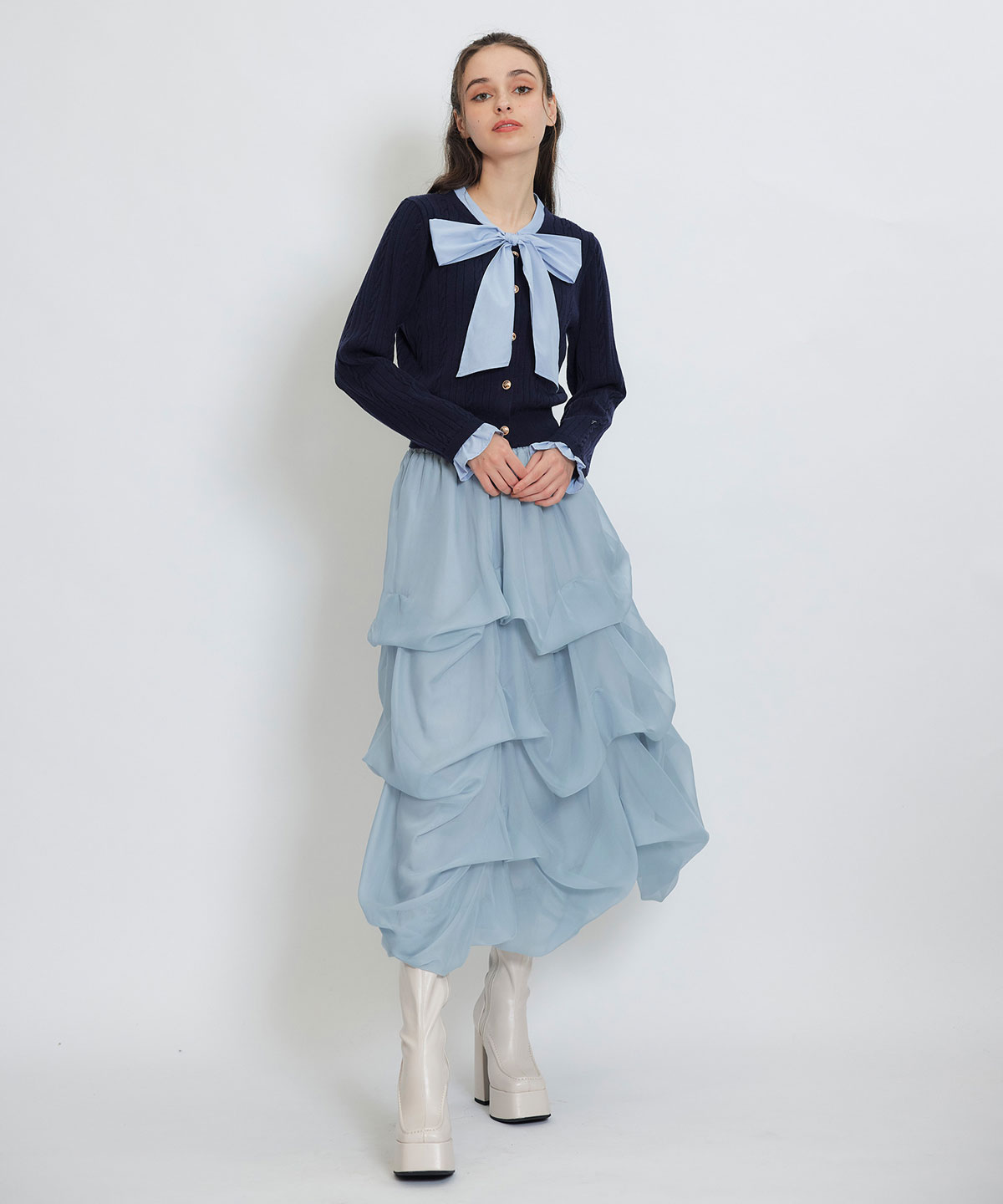 タックバルーンボリュームシフォンロングスカート