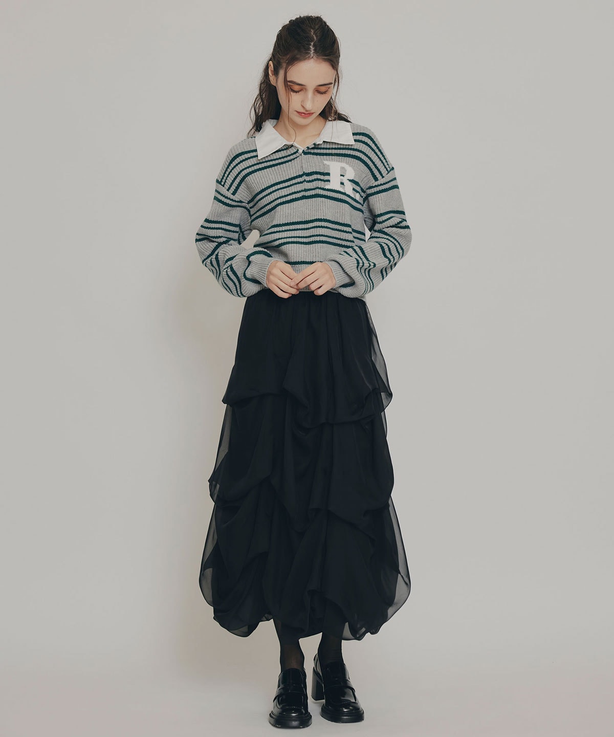 タックバルーンボリュームシフォンロングスカート