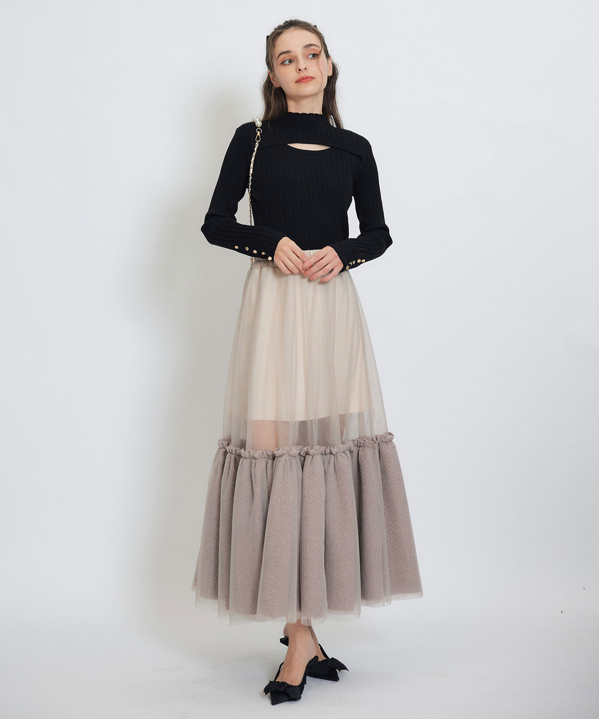 ボリュームシアーチュールフレアロングスカート