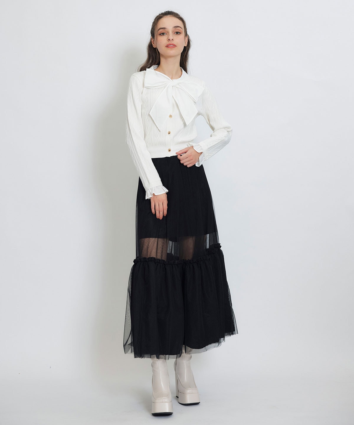 ボリュームシアーチュールフレアロングスカート