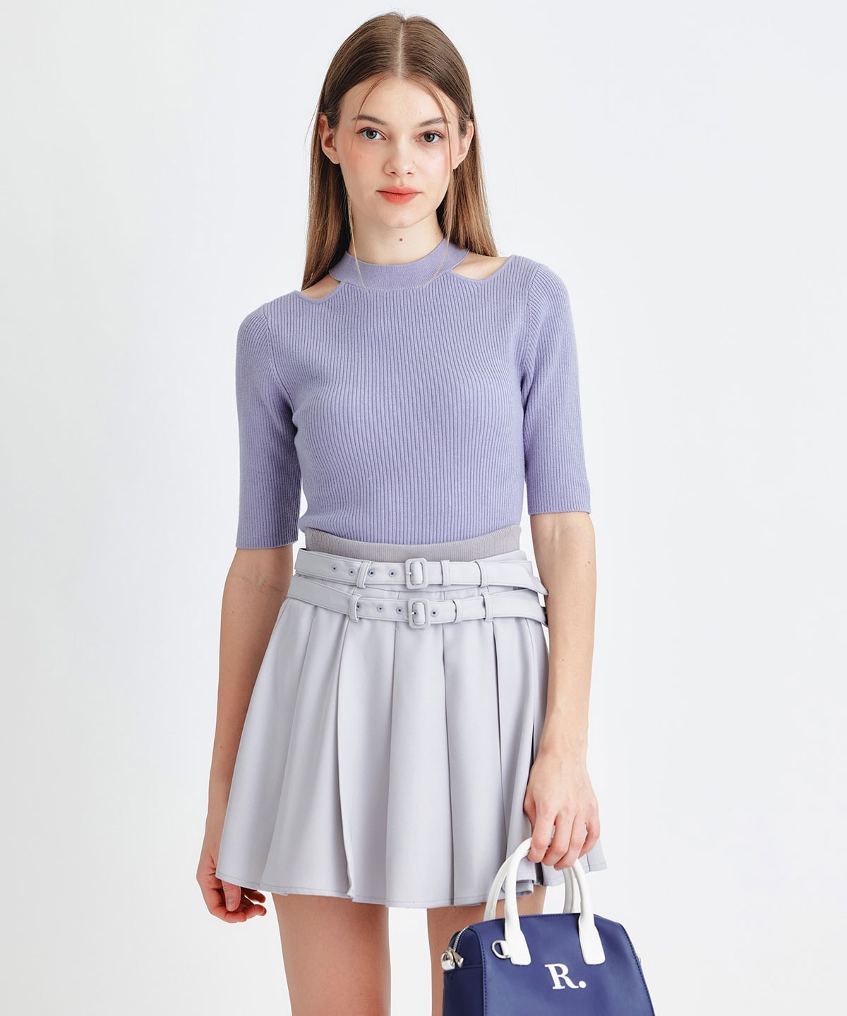 ウエストリブダブルベルトプリーツミニスカート