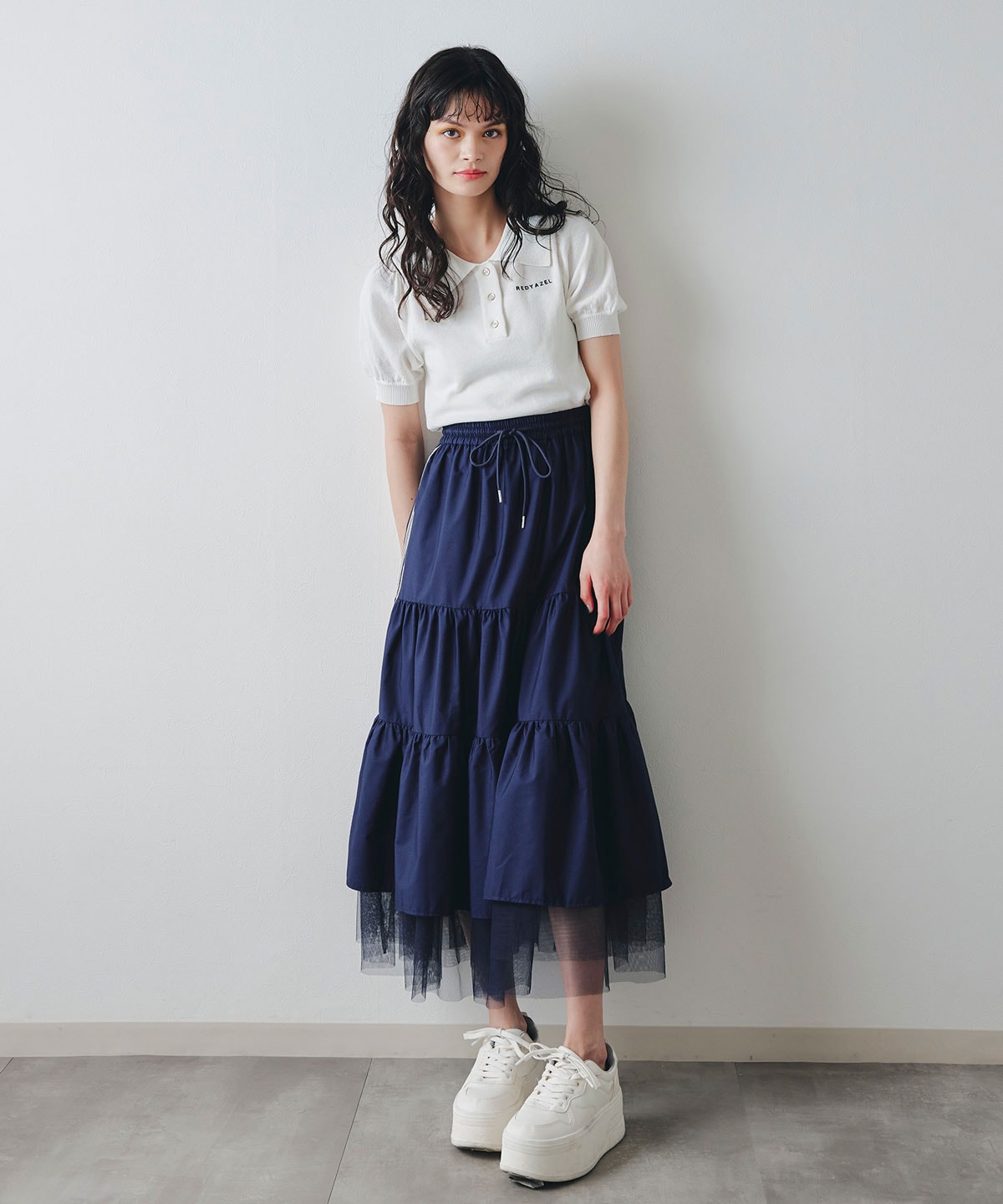 チュールレイヤードラインフレアロングスカート