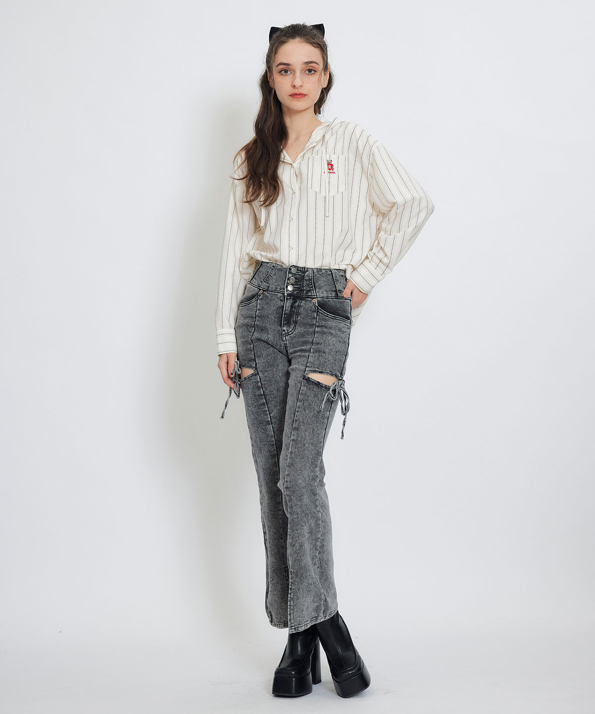 カットアウトリボンストレッチデニム