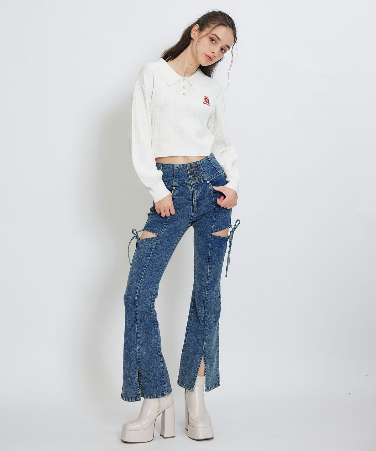 カットアウトリボンストレッチデニム