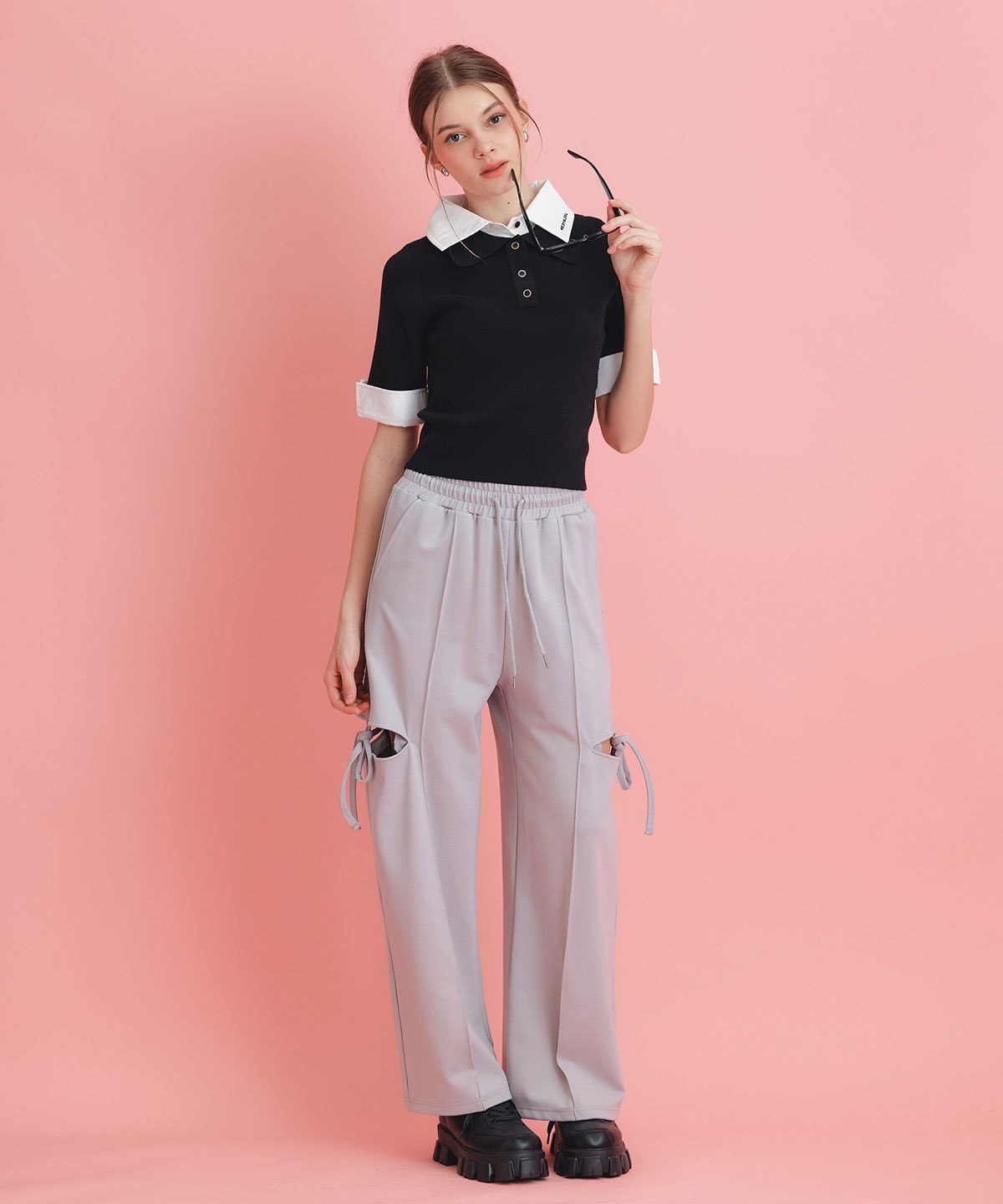 サイドカッティングリボンワイドパンツ