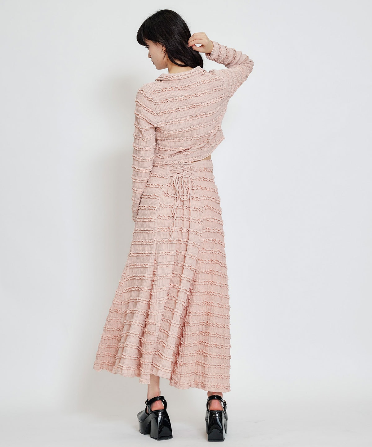 ミニフリルZIPブラウス×ミニフリルフレアロングスカートセットアップ