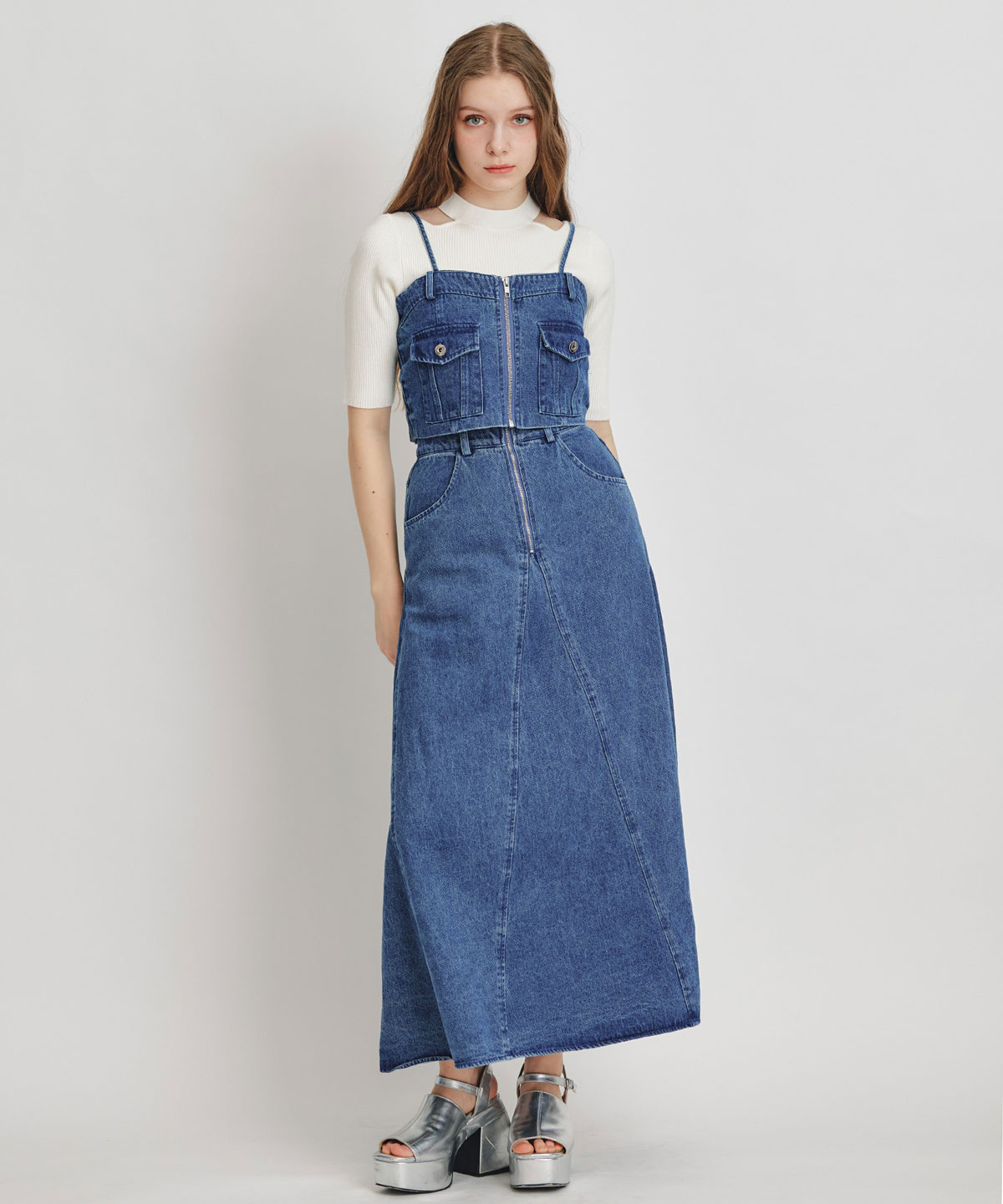 【Chemical Wash Series】ケミカルウォッシュデニムショートビスチェ×ZIPフレアロングスカート