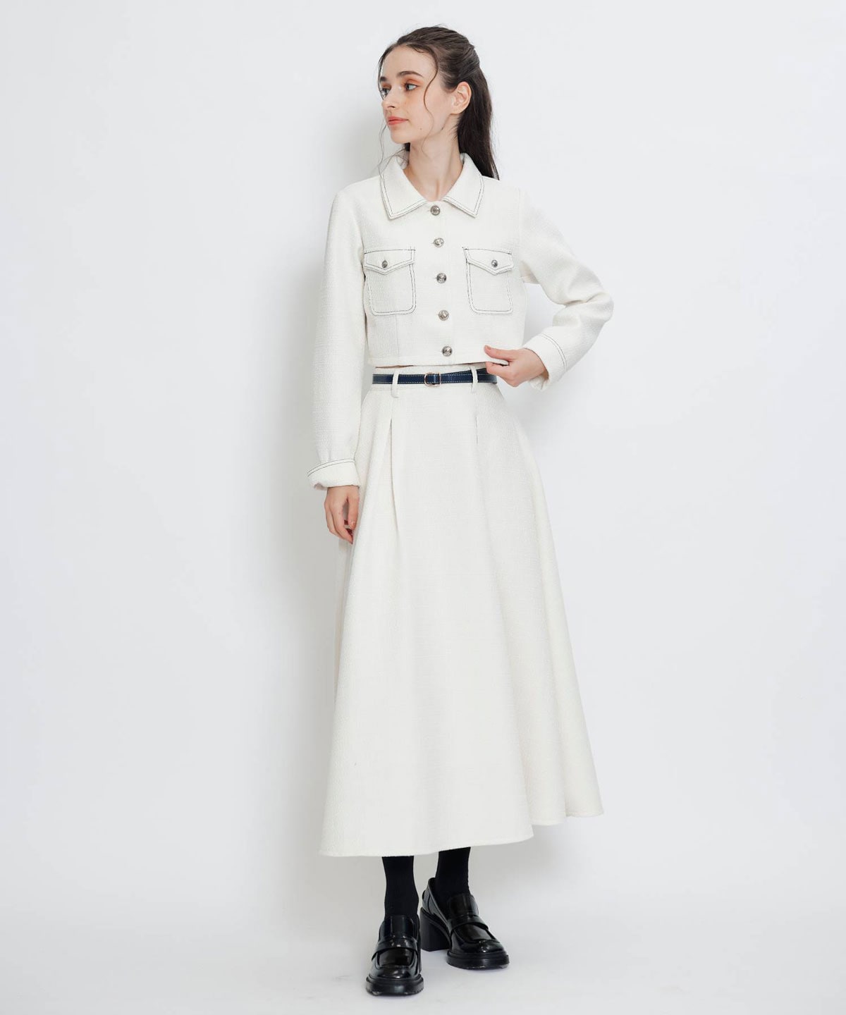 ダブルステッチツイードブラウス×フレアロングスカートセットアップ