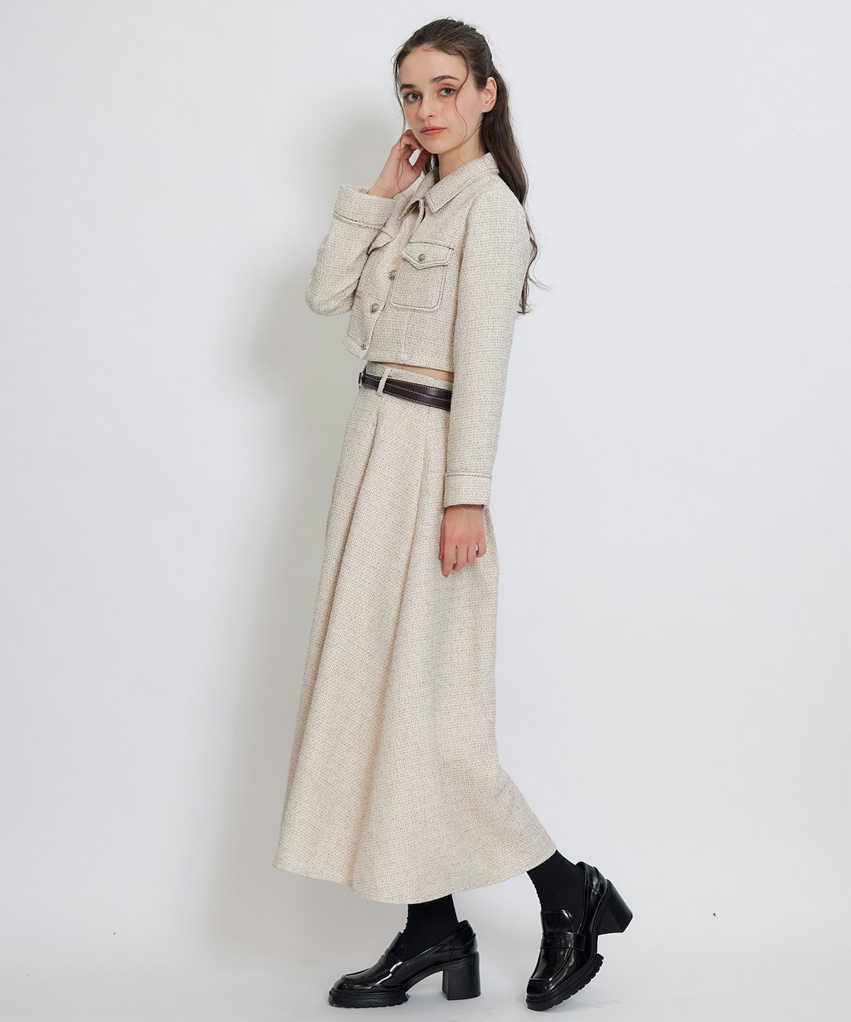 ダブルステッチツイードブラウス×フレアロングスカートセットアップ