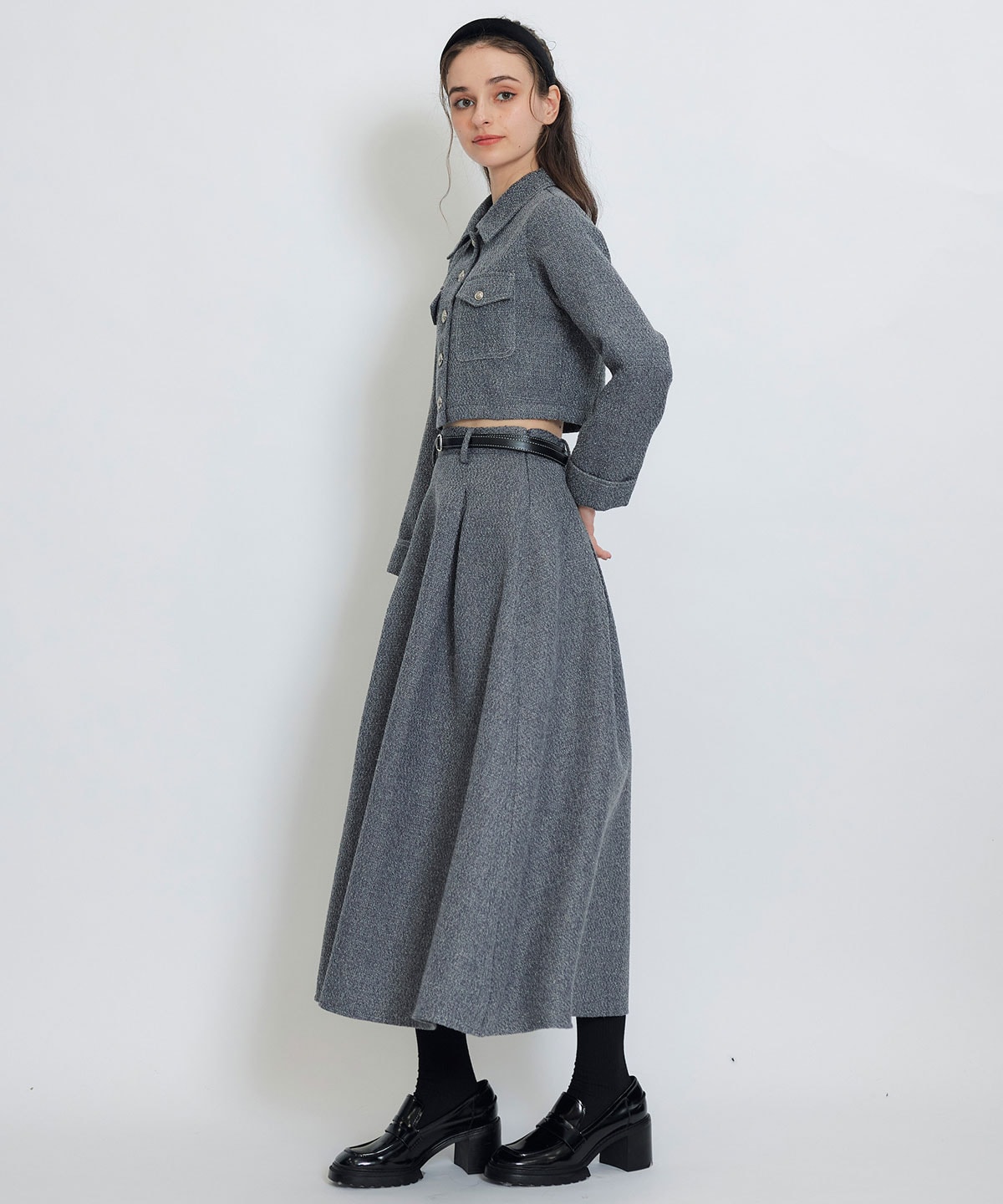 ダブルステッチツイードブラウス×フレアロングスカートセットアップ