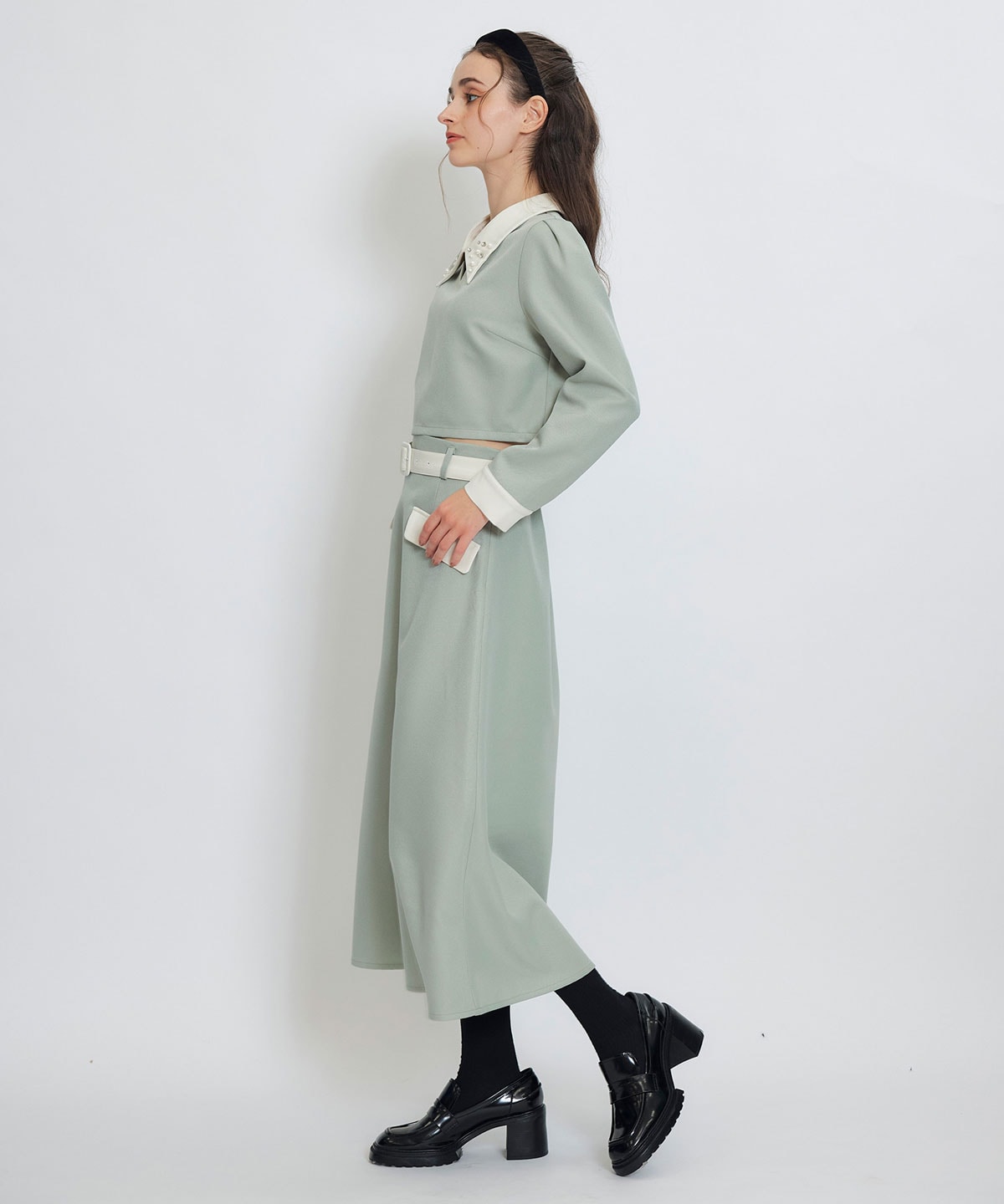 ビジューカラーコンパクトブラウス×バイカラーロングフレアスカートセットアップ