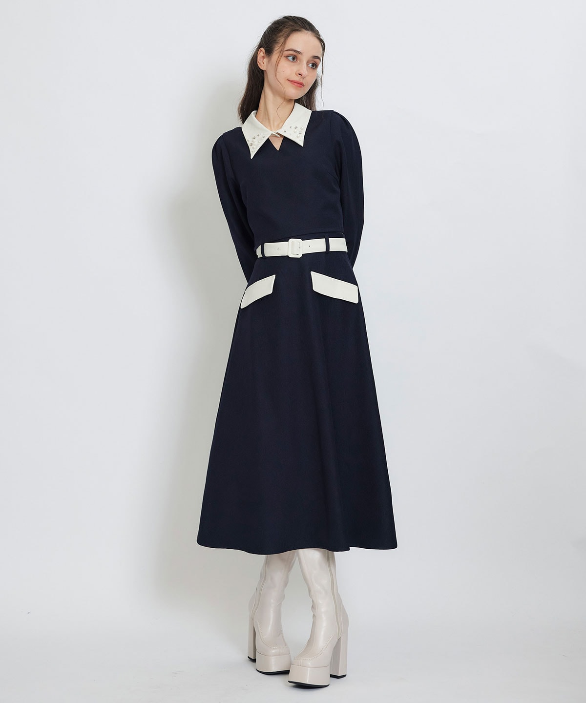 ビジューカラーコンパクトブラウス×バイカラーロングフレアスカートセットアップ