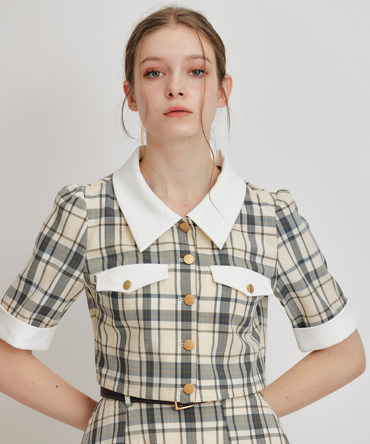 バイカラーチェックブラウス×フレアロングスカートセットアップ