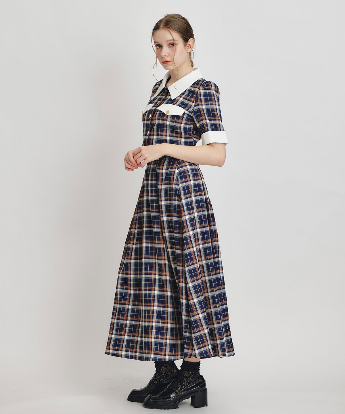 バイカラーチェックブラウス×フレアロングスカートセットアップ