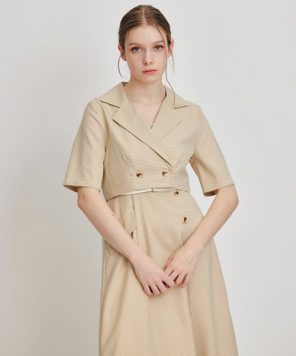 チェックショートジャケットｘアクセントベルトフレアロングワンピースセットアップ