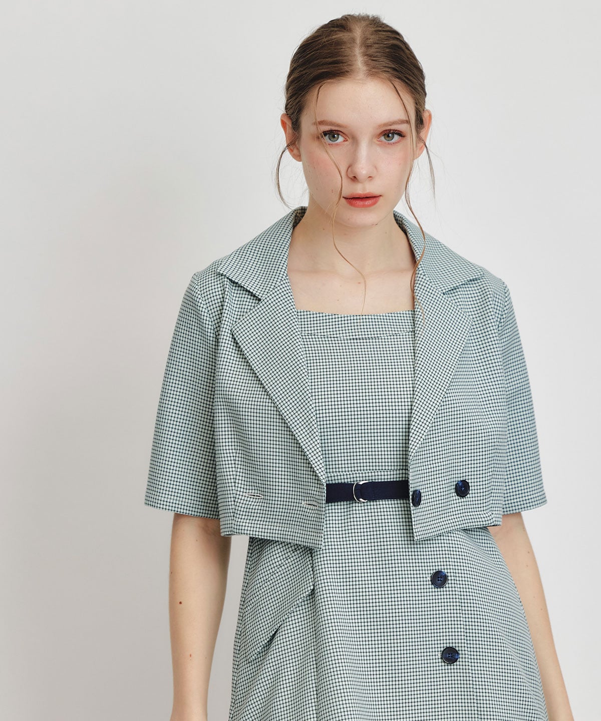 チェックショートジャケットｘアクセントベルトフレアロングワンピースセットアップ