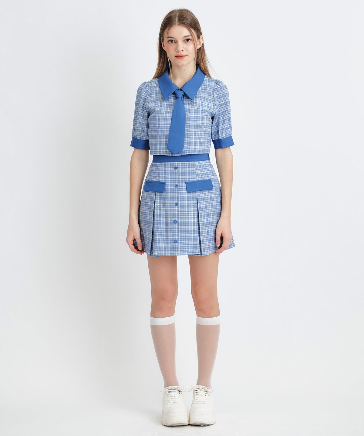 プレッピーネクタイチェックブラウス×プリーツミニスカートセットアップ