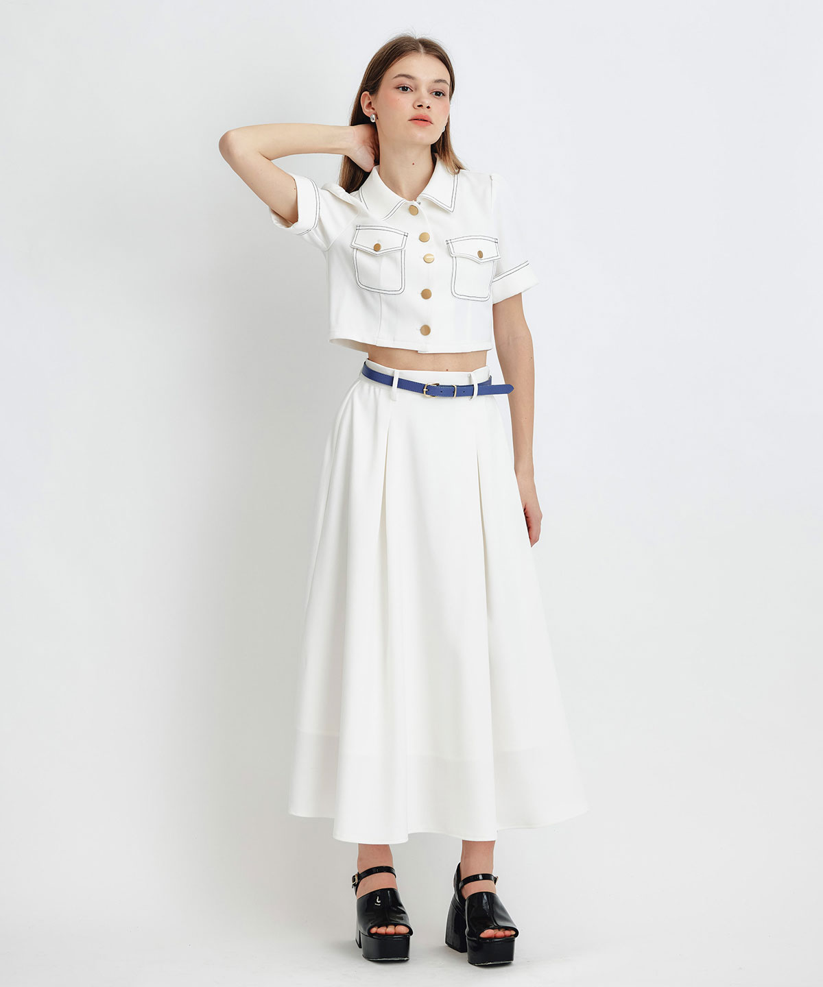 ショートジャケット×フレアロングスカートセットアップ