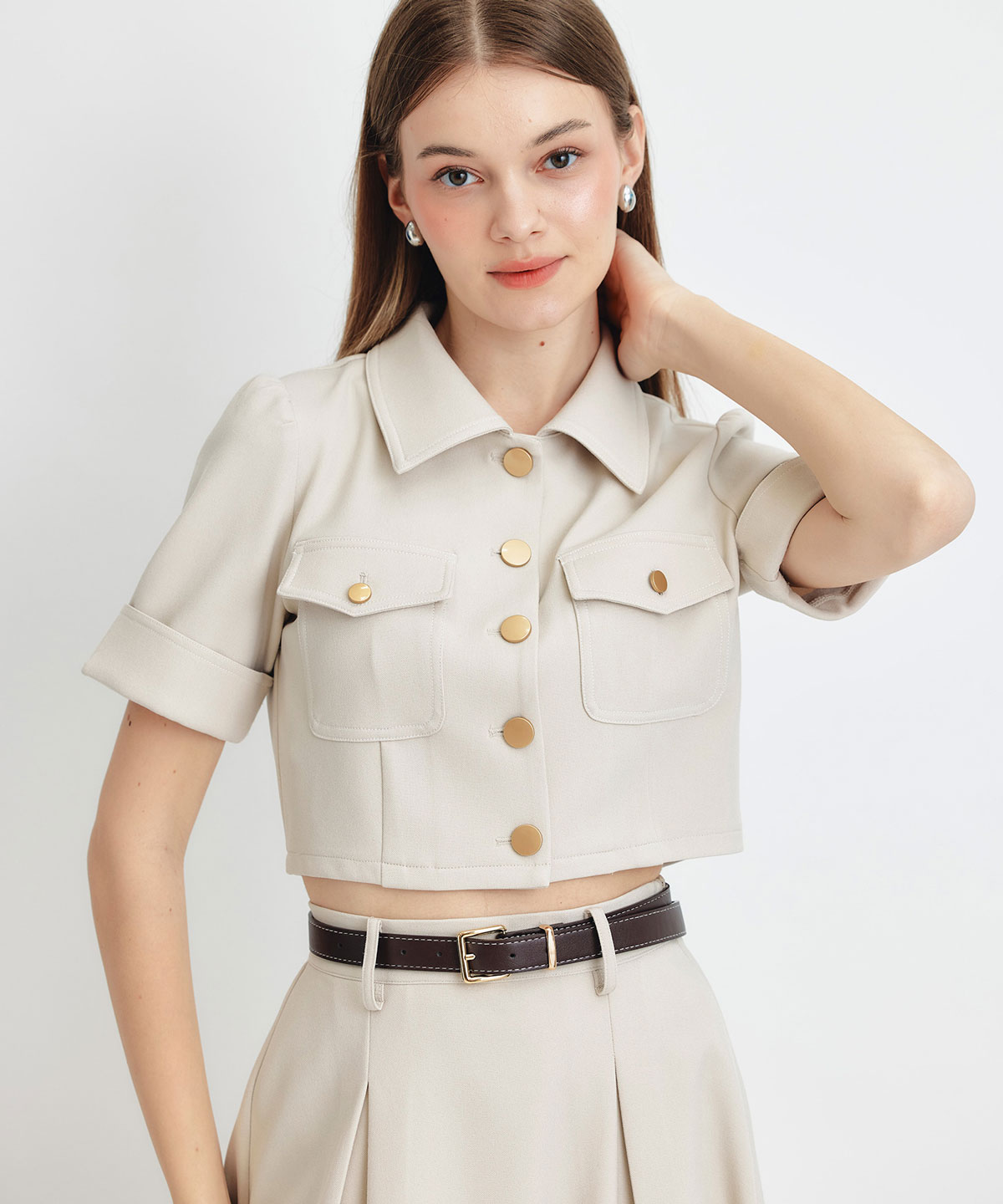 ショートジャケット×フレアロングスカートセットアップ