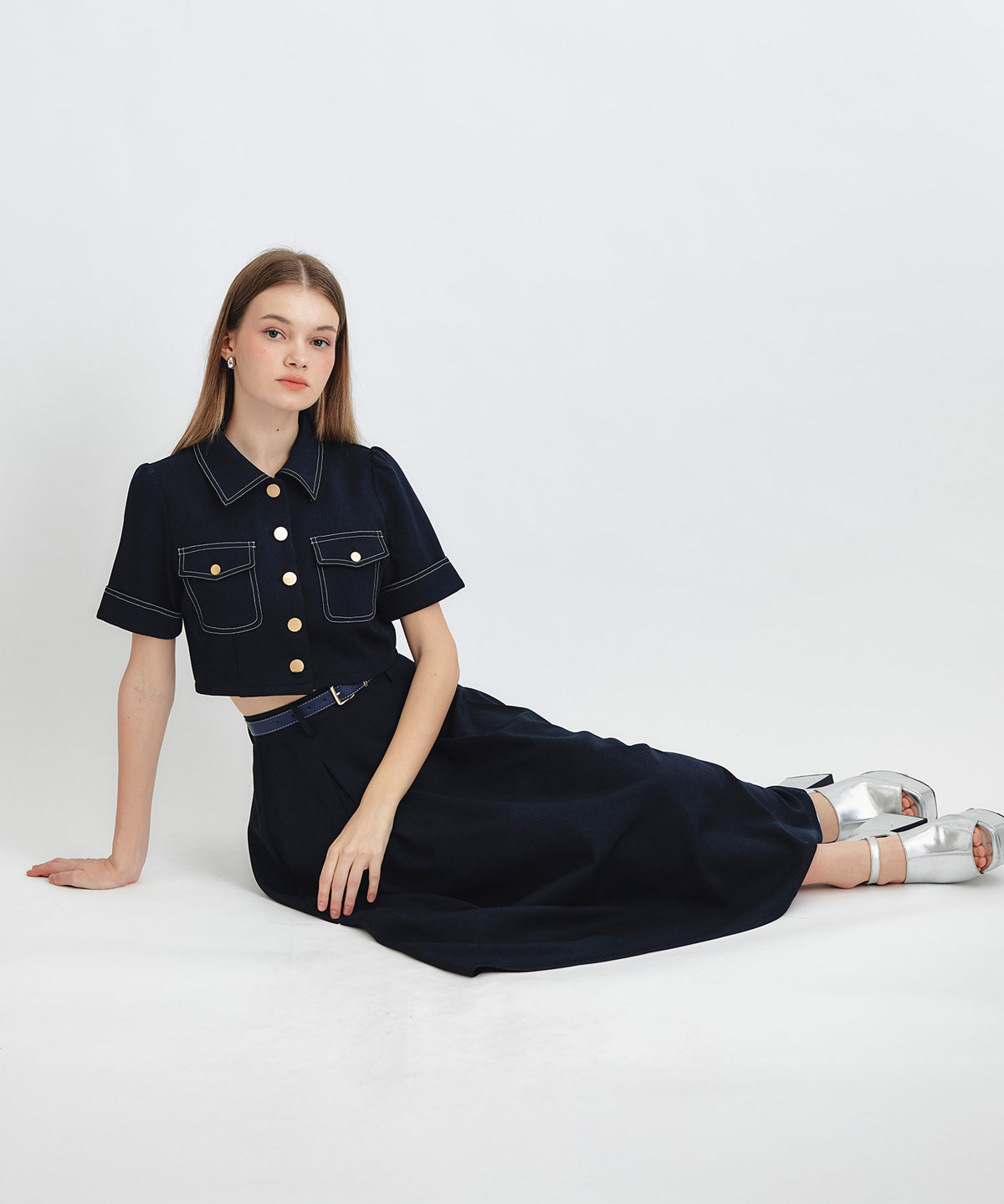 ショートジャケット×フレアロングスカートセットアップ