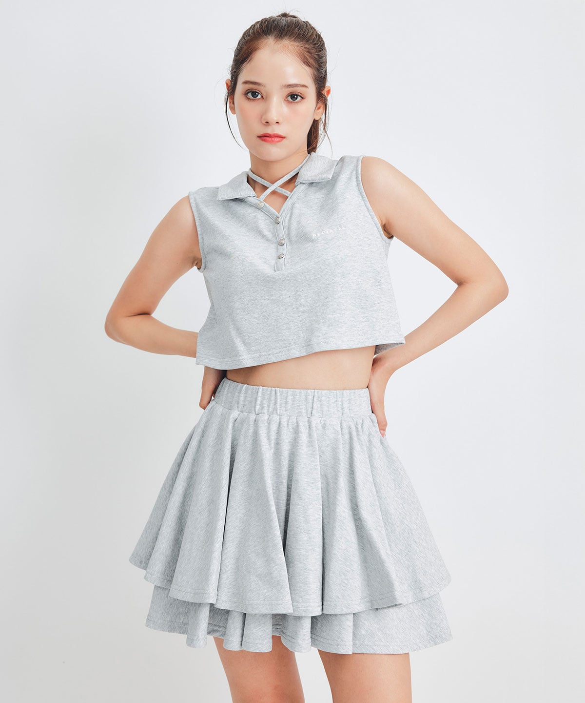 クロスリボンポロトップス×ティアードミニスカートセットアップ