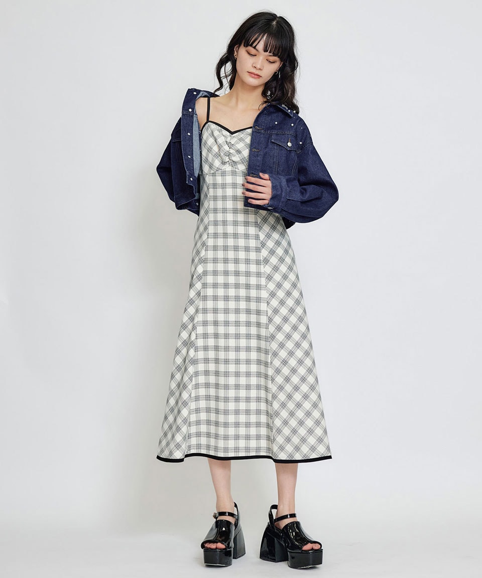 パイピングリボンキャミソールチェックフレアロングワンピース