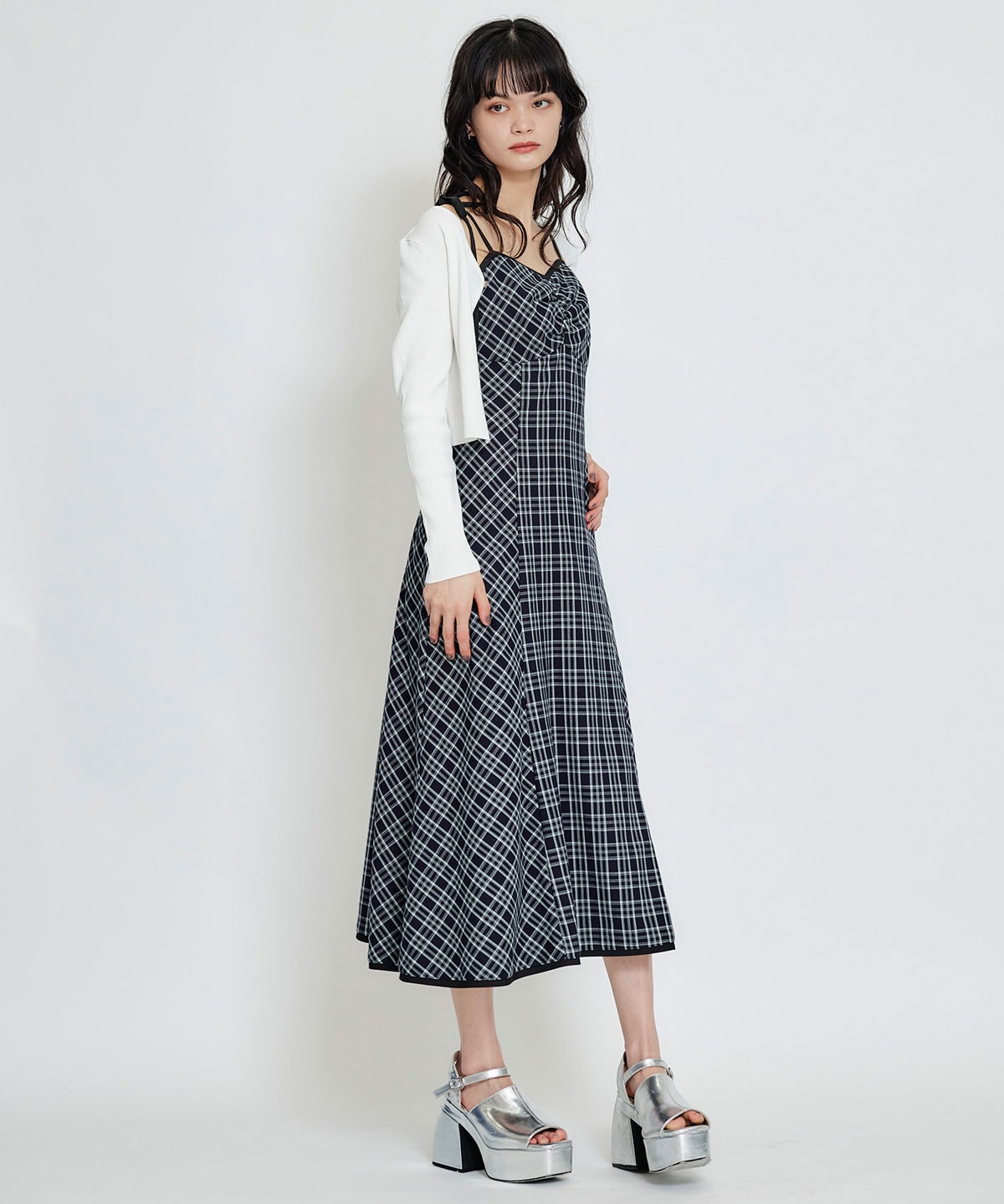パイピングリボンキャミソールチェックフレアロングワンピース