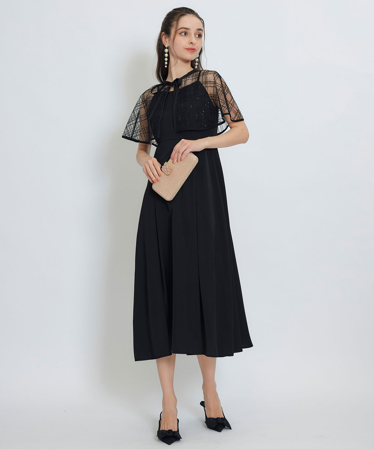 チェックシアーチュールケープ×キャミソールフレアロングドレス