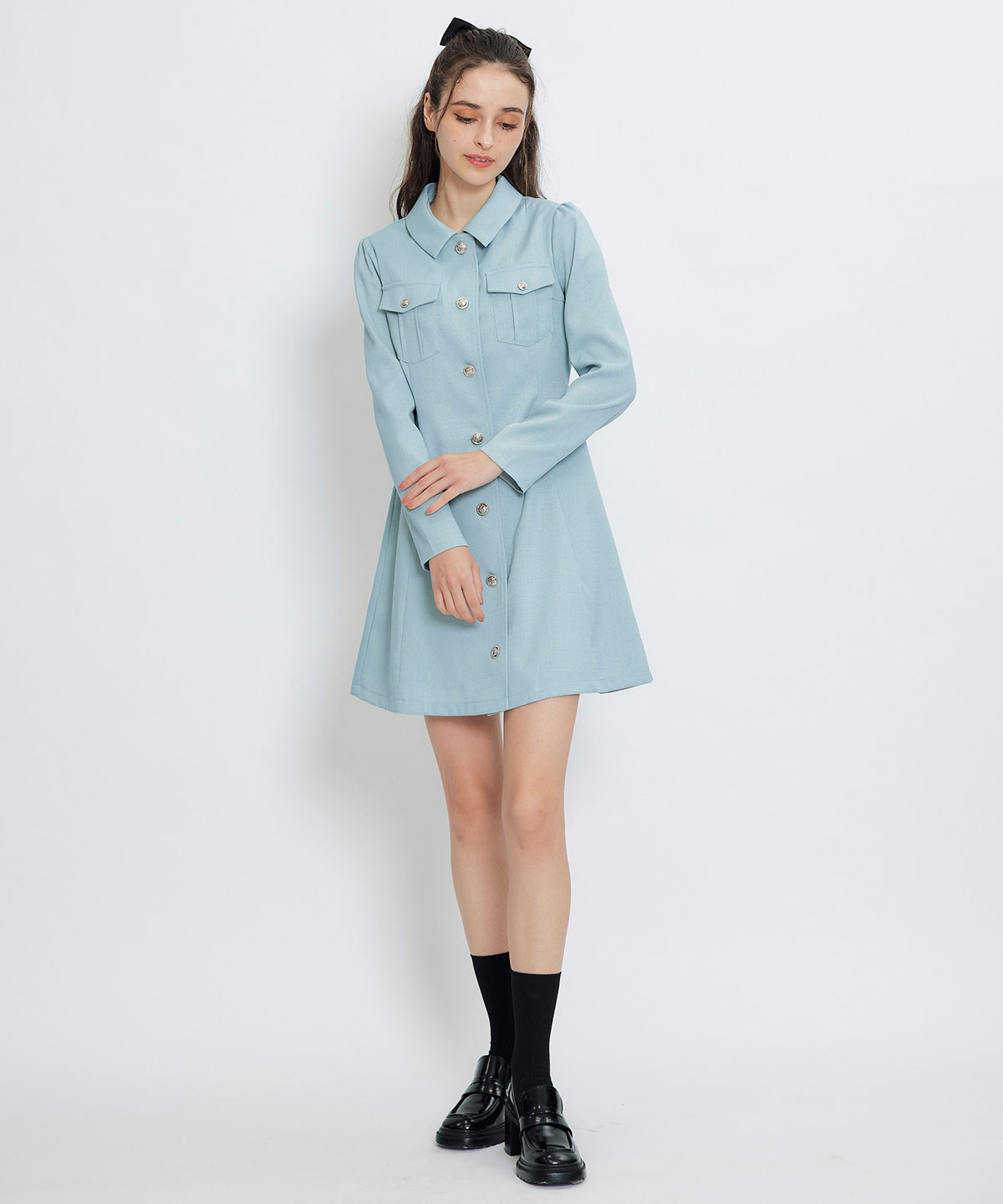 スプリングツイードシャツミニフレアワンピース