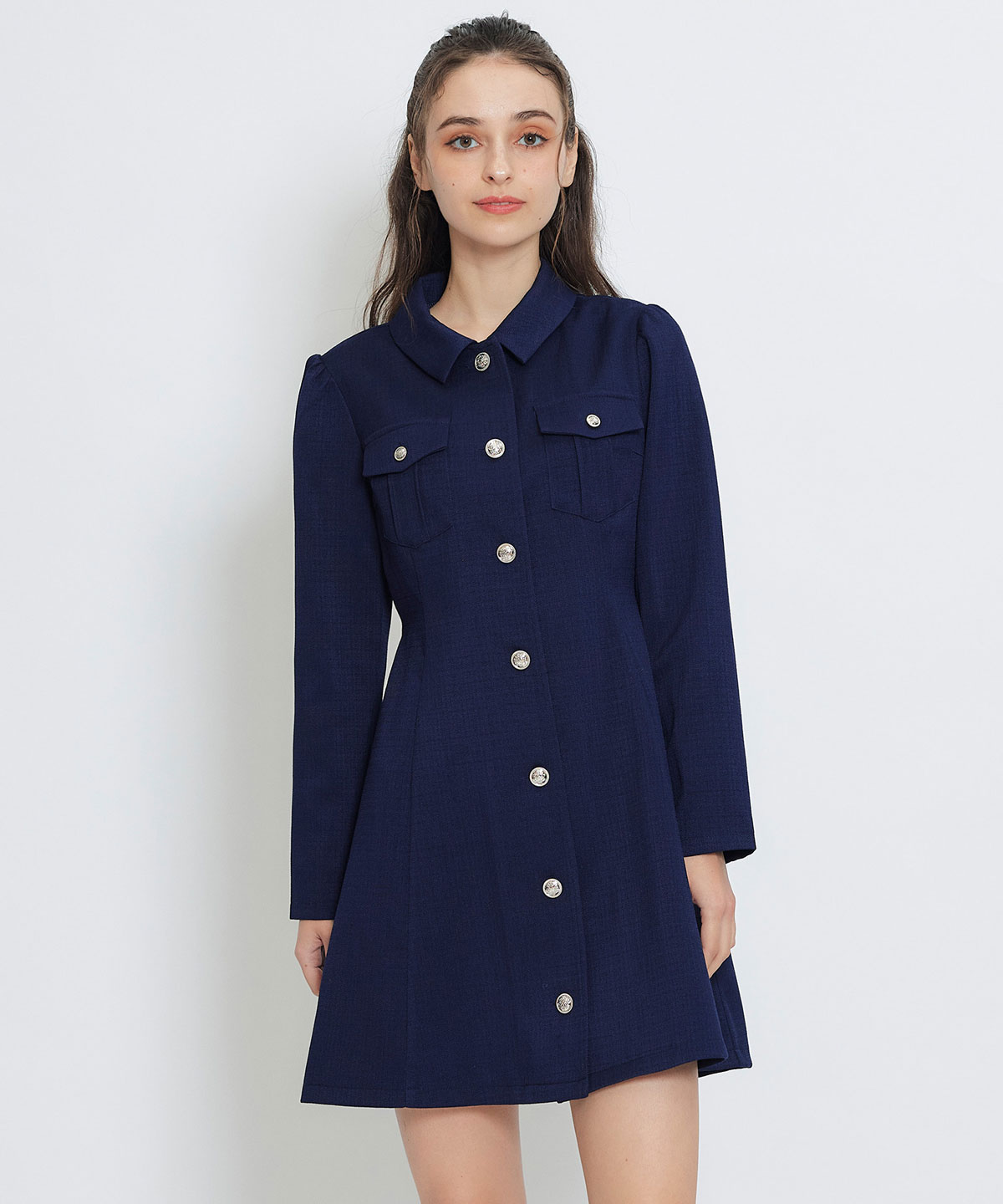 スプリングツイードシャツミニフレアワンピース